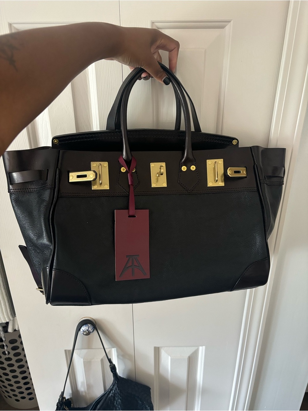 Black Leather Structured Briefcase with Gold Hardware
